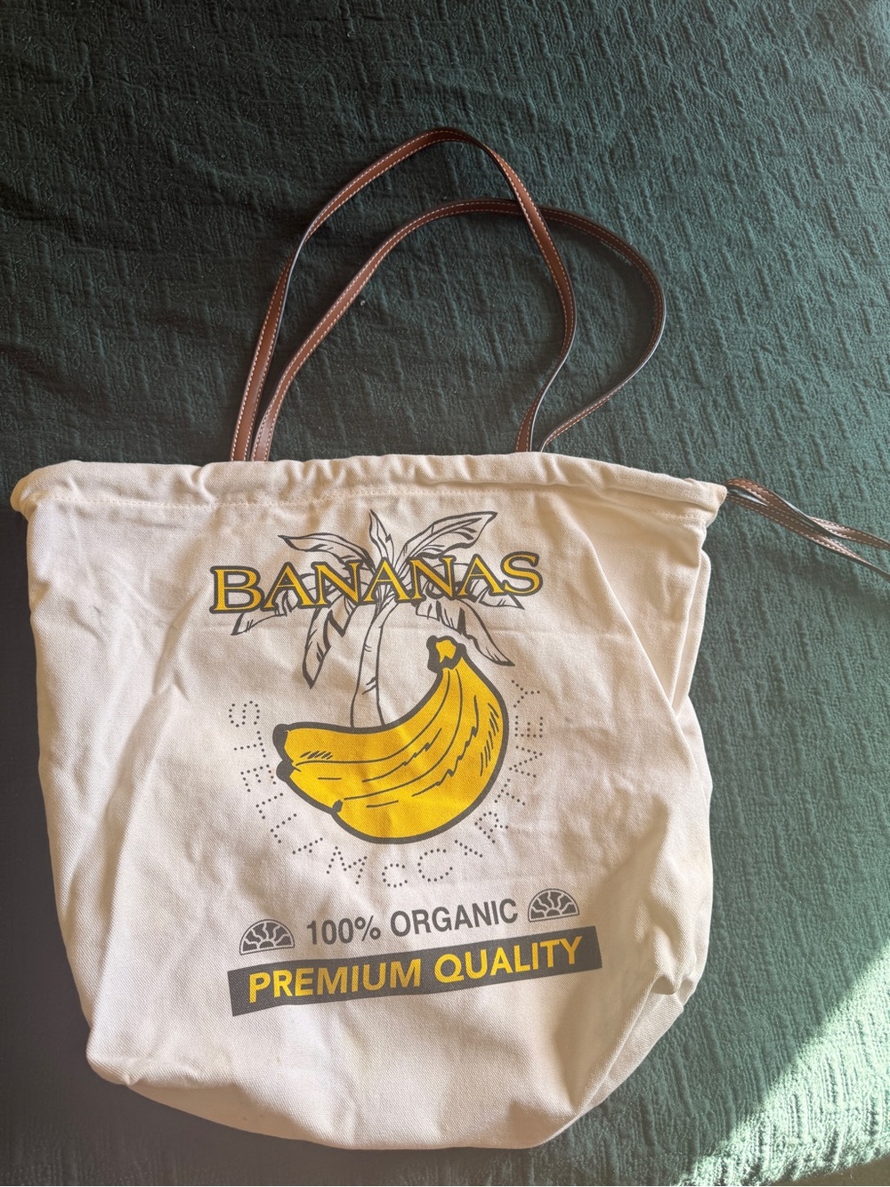 Stella McCartney Cream Canvas Tote with Yellow Banana Graphic and Brown Straps